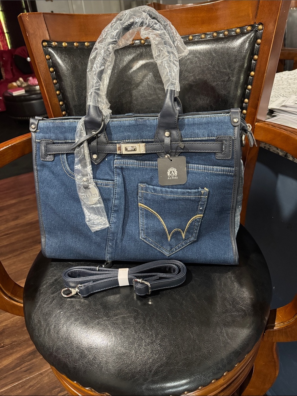 Alvini Denim Tote Bag with Leather Trim